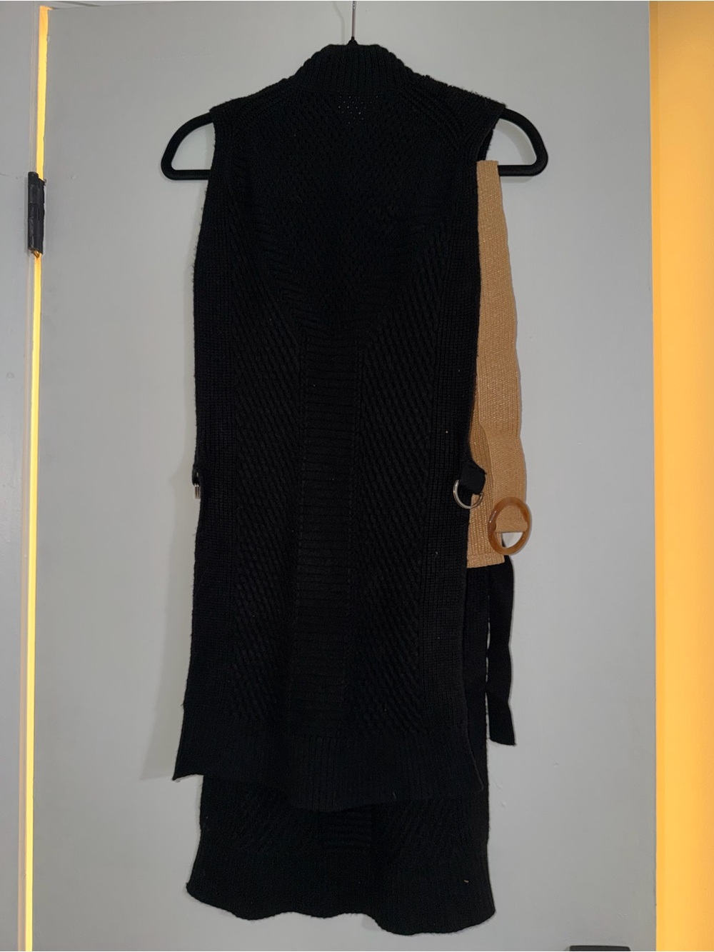 Black Knit Sleeveless Vest with Camel Belt Detail